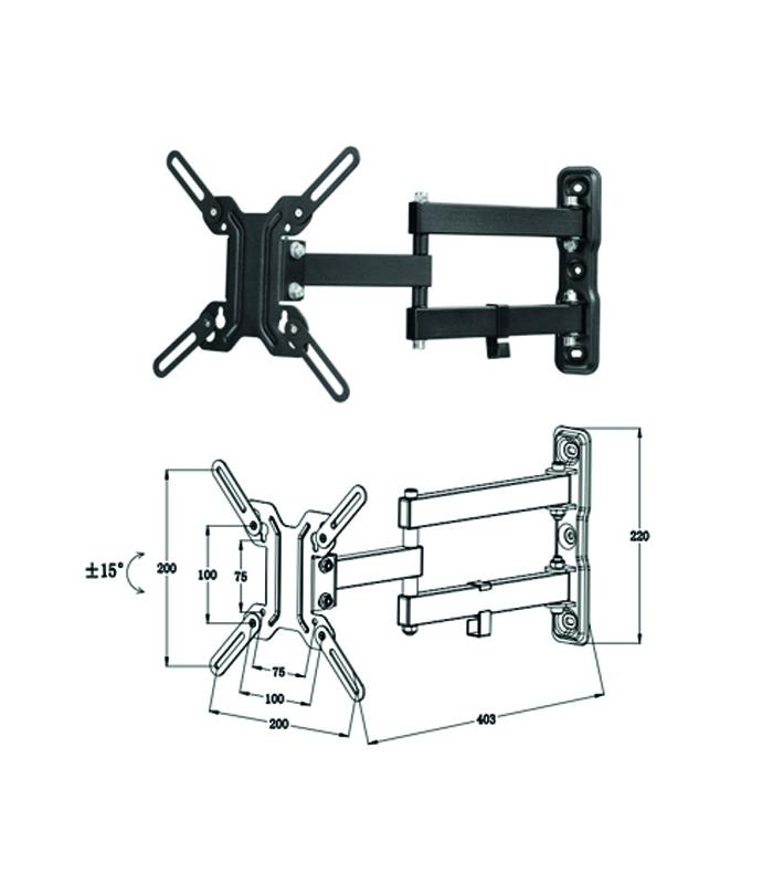 Soporte articulado pared para tv/monitor rotacion 180º hasta 42" inclinacion 15º vesa 200x200 hasta 25kg negro