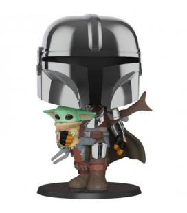 Funko Pop Star Wars The Mandalorian - El Mandaloriano XL Version Armadura Cromatica con Baby Yoda en brazos