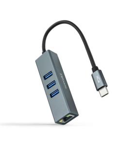 Nanocable Conversor USB-C a Ethernet Gigabit + 3XUSB 3.0, Aluminio, Gris, 15 cm