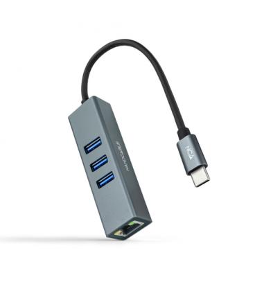 Nanocable Conversor USB-C a Ethernet Gigabit + 3XUSB 3.0, Aluminio, Gris, 15 cm - Imagen 1