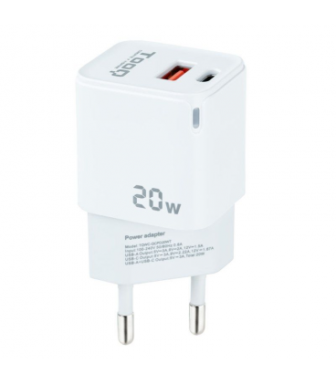 Cargador de Pared TooQ TQWC-QCPD20WT/ 1xUSB-Tipo C/ 1x USB/ 20W/ Blanco