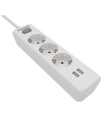 Regleta con interruptor philips spn3032wa/10/ 3 tomas de corriente/ 2 usb/ cable 2m/ blanca