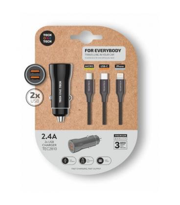 Cargador de coche tech one tech tec2810/ 2xusb + cable 3 en 1/ 2.4a