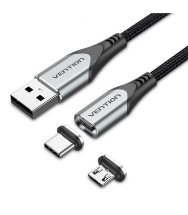 Vention Cable de Carga Magnético USB Tipo-C con Adaptador MicroUSB CQMHF/ USB Macho/ USB Tipo-C Macho - MicroUSB Macho/ 1m/ Gris