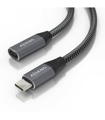 Cable Alargador USB 3.2 Aisens A107-0760/ USB Tipo-C Macho - USB Tipo-C Hembra/ Hasta 100W/ 20Gbps/ 50cm/ Gris