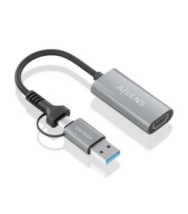 Conversor HDMI Aisens A109-0913/ USB + USB Tipo-C 3.1 Macho - HDMI Macho/ 15cm/ Gris