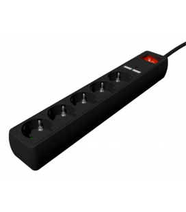 REGLETA CON CARGADOR USB, 5 ENCHUFES, 1.5 M, USB 2A, COLOR NEGRO