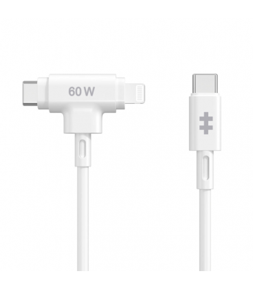 HYPER SILICONE USB-C TO USB-C AND LIGHTNING HYBRID 60W CABLE - WHITE