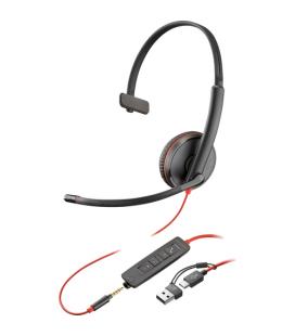 Auricular poly blackwire 3215 + 3.5mm + adaptador usb-c/a/ con micrófono/ jack 3.5 - usb tipo-c/ bulk/ negro