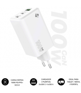 Cargador de pared gan subblim 100w charger usb c+c+a/ 2xusb tipo-c/ 1xusb/ 100w