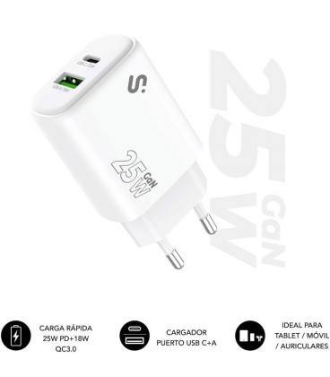 Cargador de pared gan subblim 25w charger usb c+a/ 1xusb tipo-c/ 1xusb/ 25w