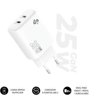 Cargador de pared gan subblim 25w charger usb c+c/ 2xusb tipo-c/ 25w