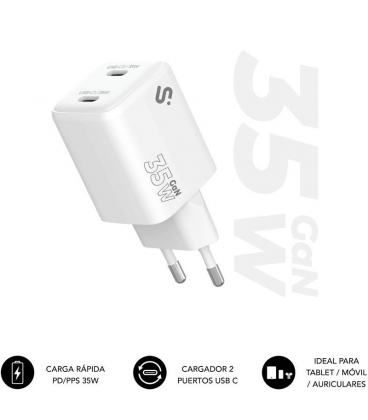 Cargador de pared gan subblim 35w charger usb c+c/ 2xusb tipo-c/ 35w