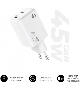 Cargador de pared gan subblim 45w charger usb c+c/ 2xusb tipo-c/ 45w