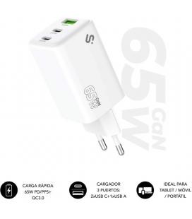 Cargador de pared gan subblim 65w charger usb c+c+a/ 2xusb tipo-c/ 1xusb/ 65w