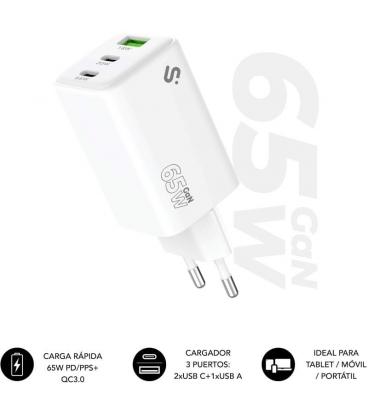 Cargador de pared gan subblim 65w charger usb c+c+a/ 2xusb tipo-c/ 1xusb/ 65w
