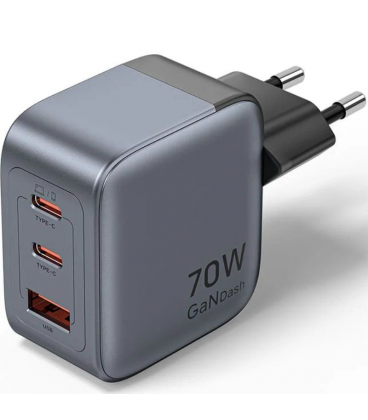 Cargador de pared gan vention fexh0-eu/ 2xusb tipo-c/ 1xusb/ 70w