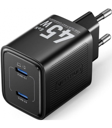 Cargador de pared gan vention fefb0-eu/ 2xusb tipo-c/ 45w