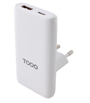 TooQ Cargador de viaje Tipo C y Tipo A, GaN 65W, USB-C/PD + USB-A/QC, Blanco