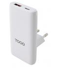 TooQ Cargador de viaje Tipo C y Tipo A, GaN 65W, USB-C/PD + USB-A/QC, Blanco