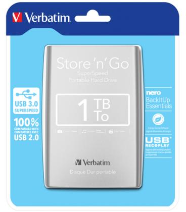 Disco duro externo verbatin store n go 1tb 2.5 pulgadas usb 3.0 plata