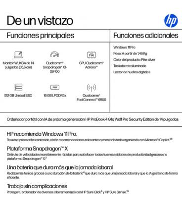 HP ProBook 4 G1q 14 inch Notebook Next Gen AI PC Wolf Pro Security Edition Copilot+ PC Qualcomm Snapdragon X1-26-100 35,6 cm (14