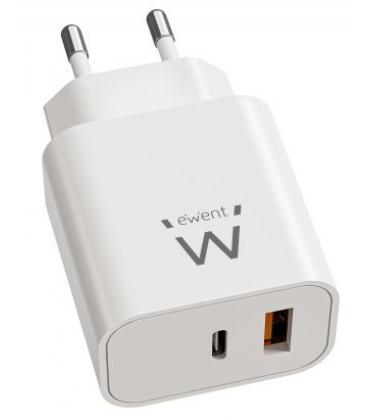 Ewent Cargador Rápido GaN de 20W USB-C PD y USB-A QC, Diseño Compacto
