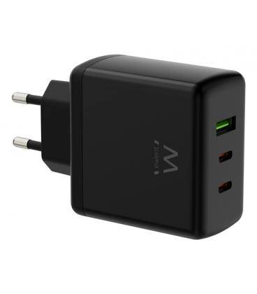 Ewent Cargador rápido GaN de 65W con 3 puertos (2 USB-C PD y 1 USB-A QC), diseño compacto