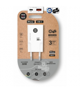 Cargador de pared gan tech one tech gan tec2230/ 1xusb tipo-c/ 1xusb/ 30w/ blanco