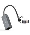 Nanocable Conversor USB-C+USB-A/M 3.0 a Ethernet, Aluminio, Gris, 15 cm