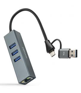 Nanocable Conversor USB-C+USB-A/M 3.0 a Ethernet + 3xUSB-A 3.0, Aluminio, Gris, 15 cm