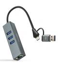 Nanocable Conversor USB-C+USB-A/M 3.0 a Ethernet + 3xUSB-A 3.0, Aluminio, Gris, 15 cm