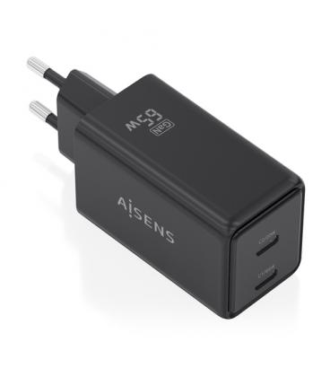 Cargador de pared gan aisens asch-65w2p079-bk/ 2xusb tipo-c/ 65w/ negro