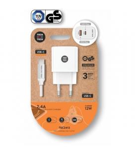 Cargador de pared tech one tech tec2413/ 1xusb tipo-c/ 1xusb + cable usb tipo-c/ 12w/ blanco