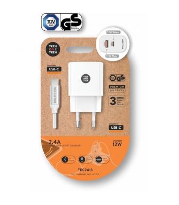 Cargador de pared tech one tech tec2413/ 1xusb tipo-c/ 1xusb + cable usb tipo-c/ 12w/ blanco