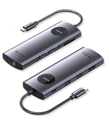 Docking usb tipo-c vention tqwhb/ 2xhdmi 4k/ 1xdisplayport/ 3xusb/ 1xusb tipo-c pd/ 1xrj45/ 1xlector tarjetas/ gris