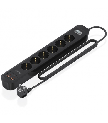 Regleta con interruptor aisens asps-2a2c17-bk/ 6 tomas de corriente/ 2 usb - 2 usb tipo-c/ cable 1.4m/ negro