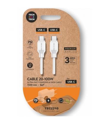 Cable usb 2.0 tipo-c tech one tech tec2210/ usb tipo-c macho - usb tipo-c macho/ hasta 100w/ 480mbps/ 1.5m/ blanco