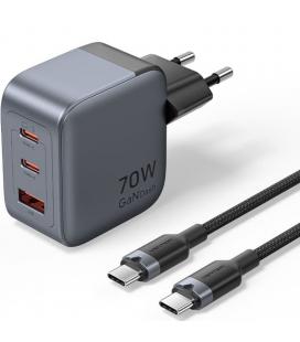 Cargador de pared gan vention tz-fexh0-eu/ 2xusb tipo-c/ 1xusb + cable usb tipo-c/ 70w
