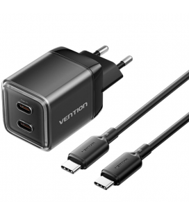 Cargador de pared gan vention tz-fcfb0-eu/ 2xusb tipo-c + cable usb tipo-c/ 45w