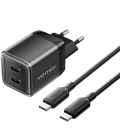 Cargador de pared gan vention tz-fcfb0-eu/ 2xusb tipo-c + cable usb tipo-c/ 45w