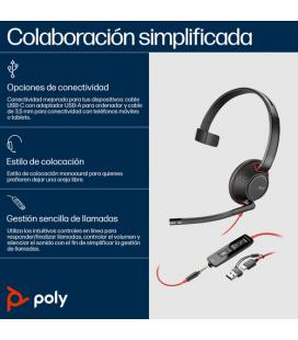 Auricular poly blackwire 5210 + adaptador usb-c/a/ con micrófono/ jack 3.5mm/ negro