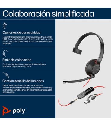 Auricular poly blackwire 5210 + adaptador usb-c/a/ con micrófono/ jack 3.5mm/ negro
