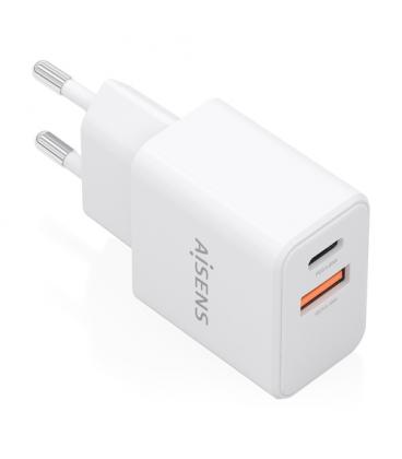 Cargador de pared gan aisens a110-1025/ 1xusb tipo-c/ 1xusb/ 20w/ blanco