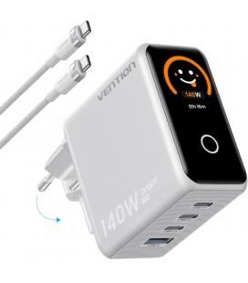Cargador de pared gan vention tz-fcoi0-eu/ 3xusb tipo-c + cable usb tipo-c/ 1xusb/ 140w