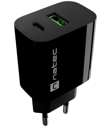 CARGADOR NATEC RIBERA 20W 1XUSB-A QC3.0 + 1XUSB-C PD3.0 NEGRO