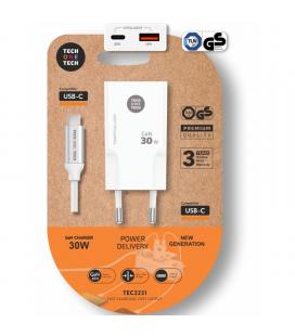 Cargador de pared tech one tech tec2231/ 1xusb tipo-c/ 1xusb + cable usb tipo-c/ 30w/ blanco