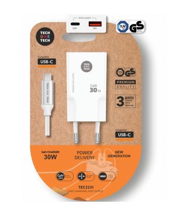 Cargador de pared tech one tech tec2231/ 1xusb tipo-c/ 1xusb + cable usb tipo-c/ 30w/ blanco