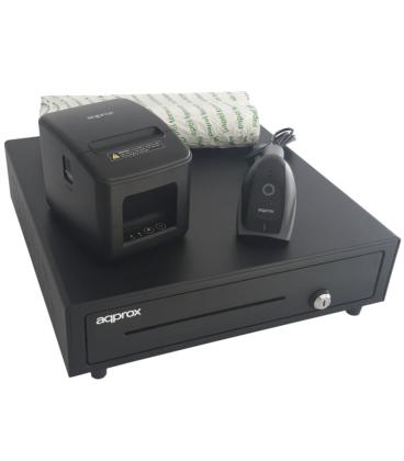 Pack para tpv approx apppospack4180usb-2d/ cajón portamonedas + impresora térmica de tickets + lector de códigos + rollos