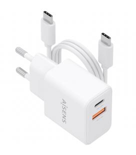 Cargador de pared gan aisens asch-20w2p083-w/ 1xusb tipo-c/ 1xusb/ 20w/ blanco/ incluye cable usb tipo-c